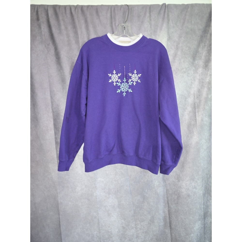 VTG Snowflake Sweatshirt Large Purple Embroidered Double Collar Mock Neck 90s